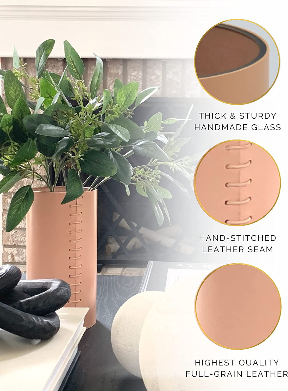 Leather Vase - Boho Vase, Pampas Grass Vase, Mantle Vase, Cream Vase, Beige Vase, Cute Flower Vase | Scandinavian Vase, Nordic Vase, Neutral Room Decor, Unique Decor | 8"