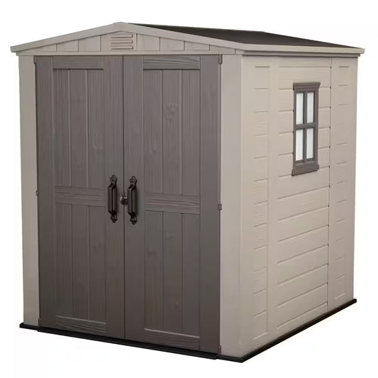 Factor 6 Ft. W X 6 Ft. D Outdoor Durable Resin Plastic Storage Shed with Double Doors, Taupe Brown (37.43 Sq. Ft.)