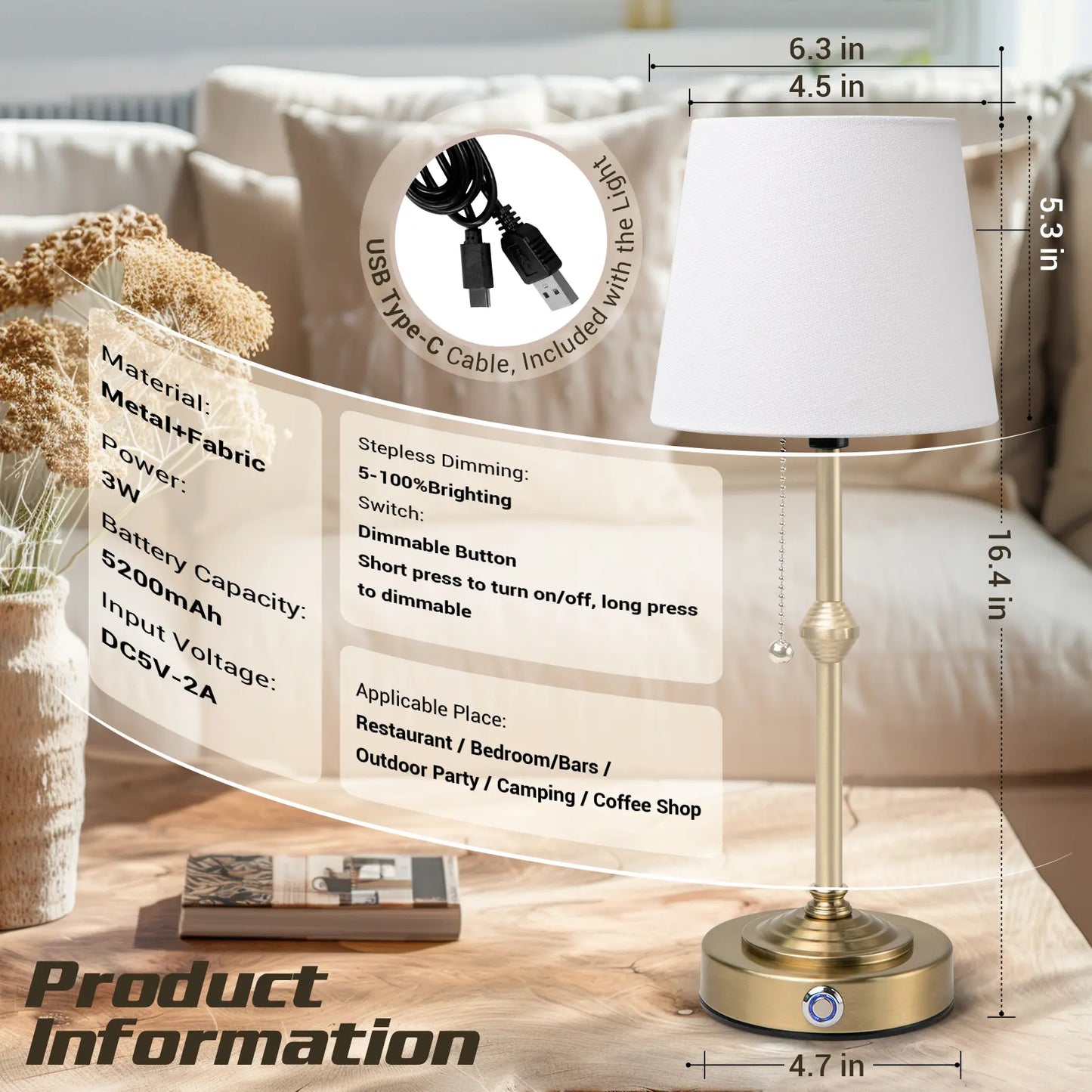 Rechargeable Wireless LED Table Lamp - 5200Mah Battery Operated, Adjustable Light, Decorative Indoor Lighting, Ideal Gift for Women Mom, House Warming New Home Present