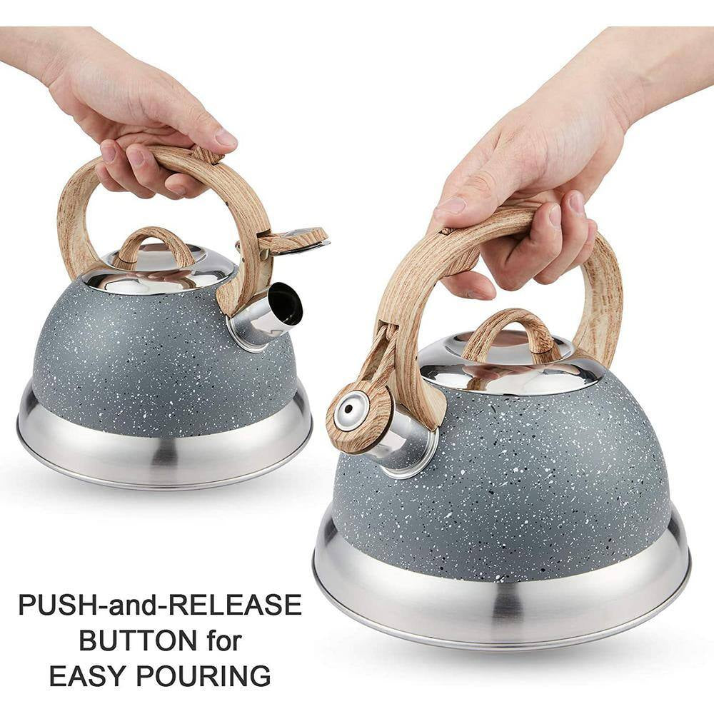 9 Cups Opaque Gray with Speckle Stainless Steel Whistling Tea Kettle Teapot with Ergonomic Wood Rubber Touching Handle