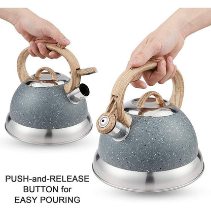 9 Cups Opaque Gray with Speckle Stainless Steel Whistling Tea Kettle Teapot with Ergonomic Wood Rubber Touching Handle