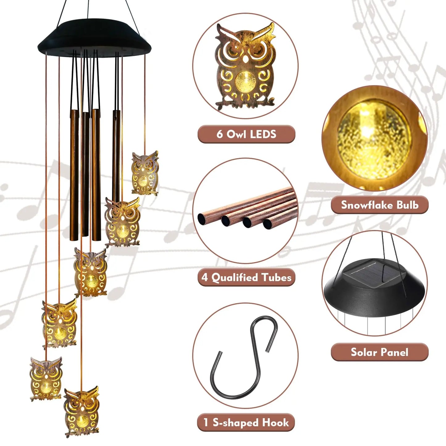 6 LED Solar Owl Wind Chimes Outdoor,Mom Gifts for Mothers Day Grandma Wife Gift Solar Owl Wind Chimes for Outside,Hanging Lights Warm Led,Outdoor Owl Decor