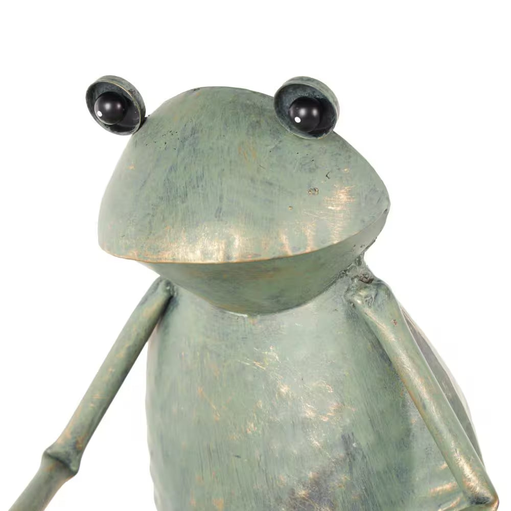 19 In. Metal on Bicycle Frog Garden Sculpture with Gold Accents