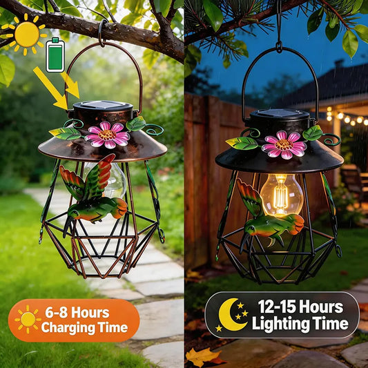 Garden Decor Hummingbird Solar Lantern Lights Outdoor Waterproof Vintage Metal Hanging LED Lamp for Garden Patio Yard Lawn Auto On/Off Solar Powered Decor Light Unique Housewarming Birthday Gift Idea for Mom Grandma Women IP67 Tiktokshopsprin