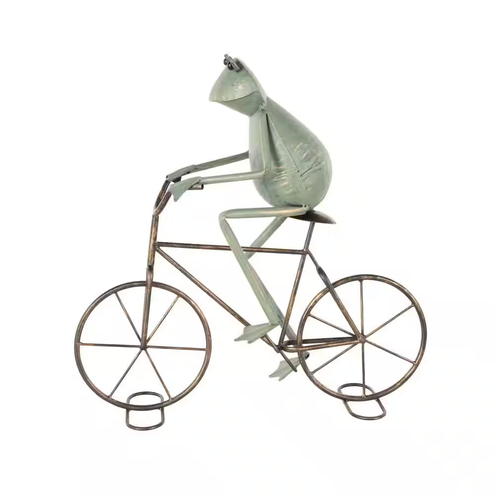 19 In. Metal on Bicycle Frog Garden Sculpture with Gold Accents