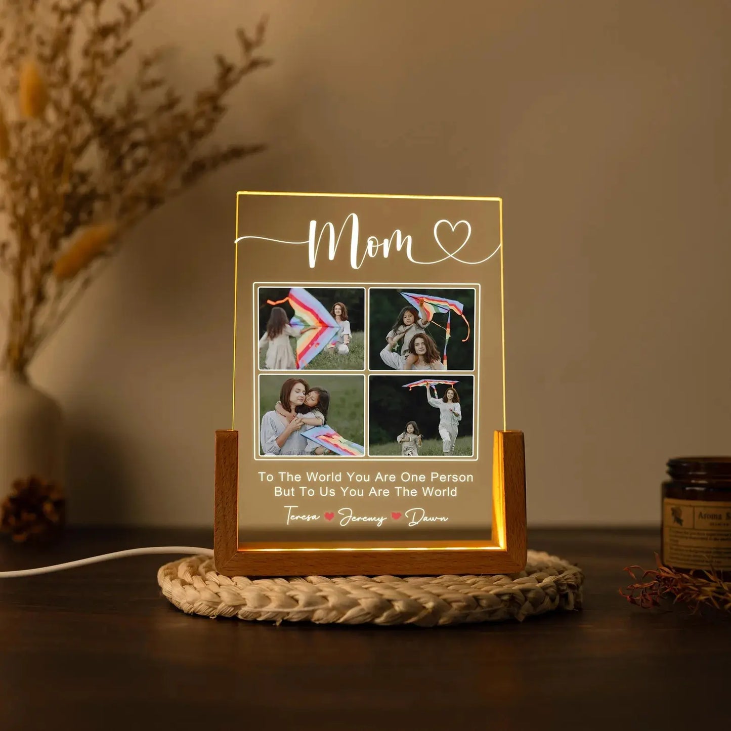 Personalized Photo Night Light, Mother'S Day Gift, Mother Gifts, Birthday Gift for Mommy, Custom Mother'S Day Gift for Mom Wife Grandma Nana, Mum Gift from Daughter, Custom Mother’S Day Night Light with Warm Walnut Wood Base, Bedroom Decor