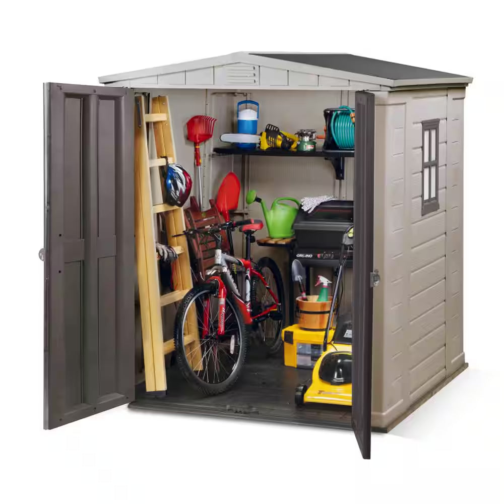 Factor 6 Ft. W X 6 Ft. D Outdoor Durable Resin Plastic Storage Shed with Double Doors, Taupe Brown (37.43 Sq. Ft.)