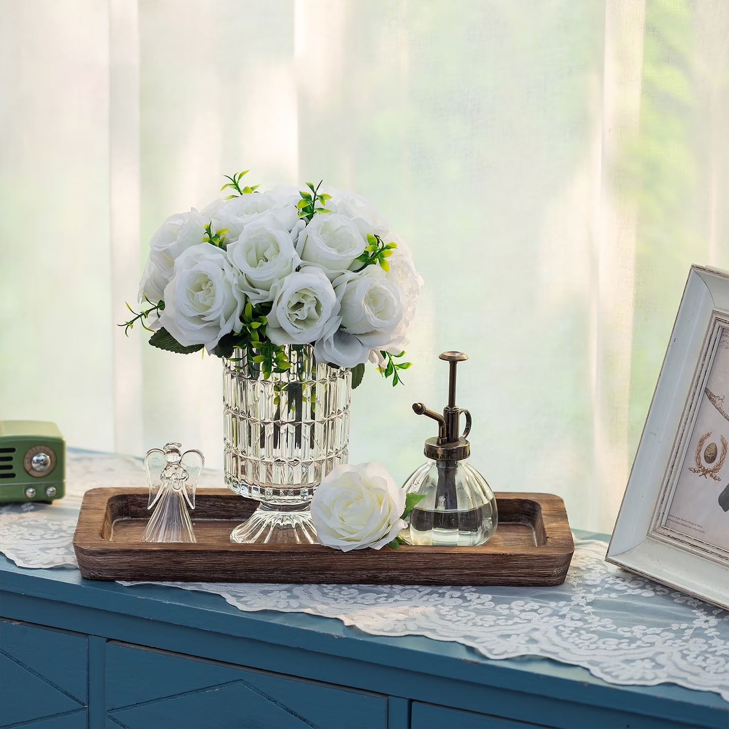 Decorative Tray Candle Tray Holder-Long Narrow Wooden Centerpiece Tray for Coffee Table