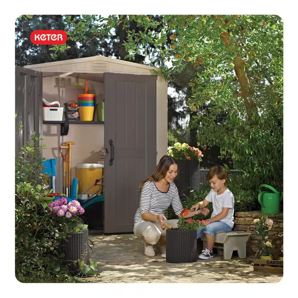 Factor 6 Ft. W X 6 Ft. D Outdoor Durable Resin Plastic Storage Shed with Double Doors, Taupe Brown (37.43 Sq. Ft.)