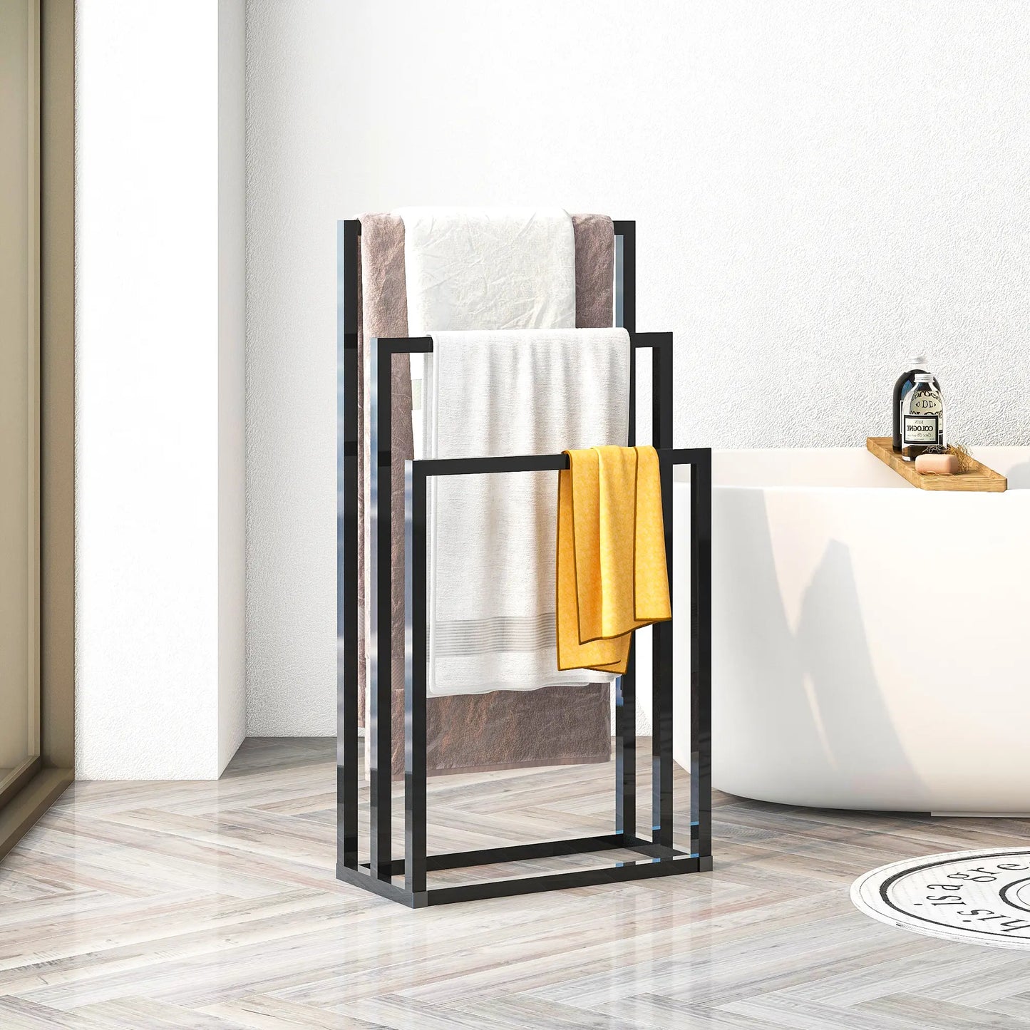 Lightweight Metal Freestanding Towel Rack - 3-Tier Hand Towel Holder Organizer for Bathroom, Shower Accessories, Easy Installation, Gift-Worthy, Complete Pack, Black
