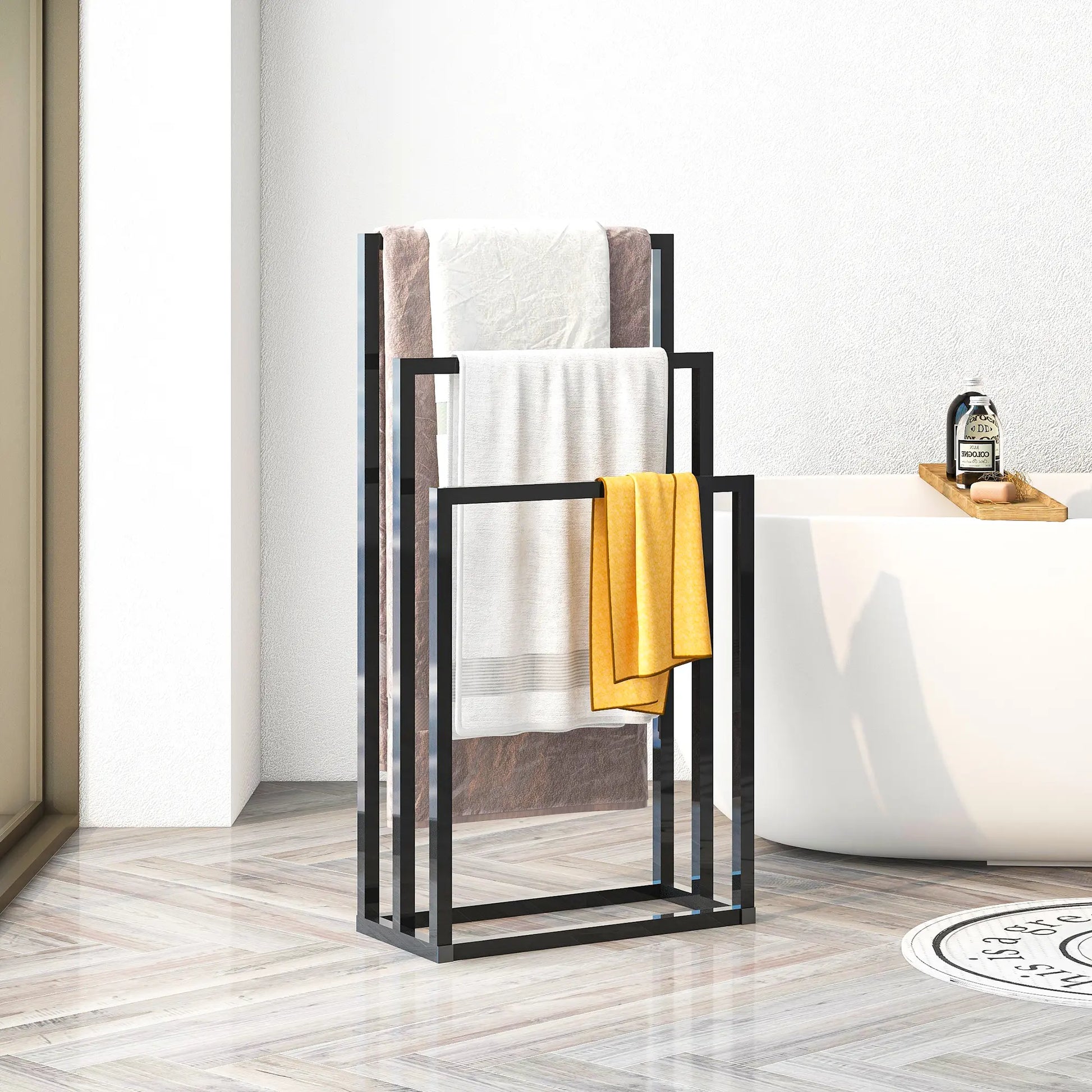 Lightweight Metal Freestanding Towel Rack - 3-Tier Hand Towel Holder Organizer for Bathroom, Shower Accessories, Easy Installation, Gift-Worthy, Complete Pack, Black