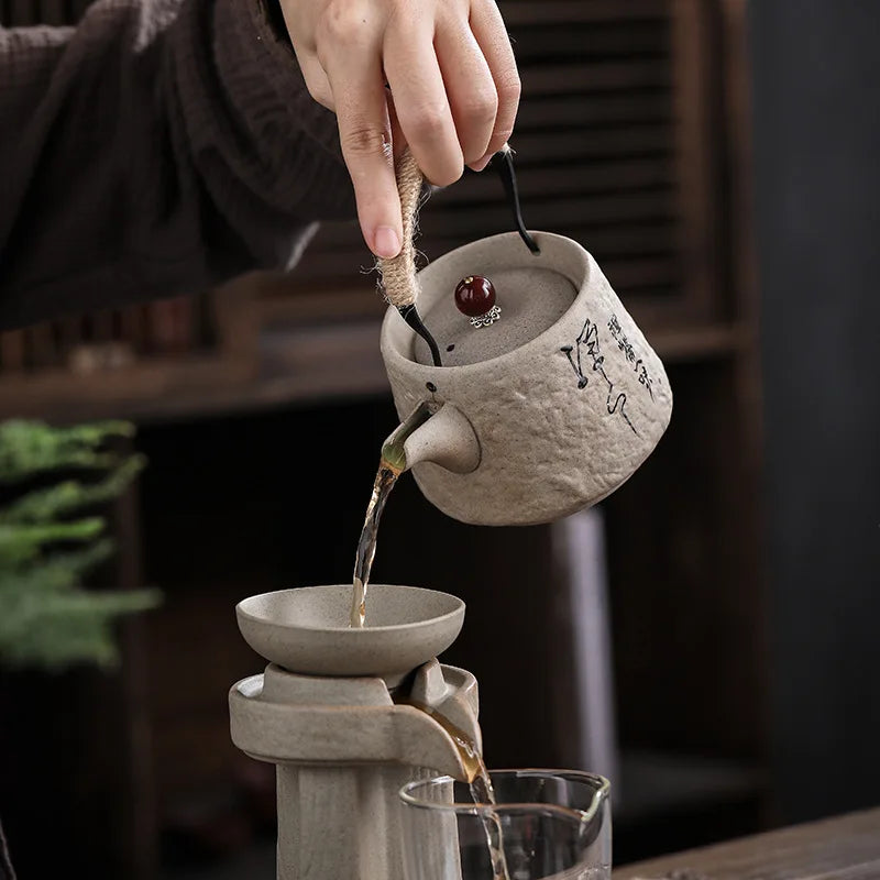 Retro Japanese Kungfu Teapot Ceramic Tea Set Coarse Ceramic Beam Teapot Single Pot Convenient Teapot Wholesale
