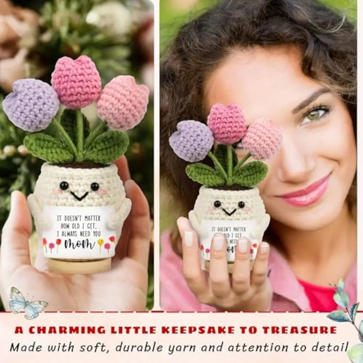 Gifts for Mom from Daughter Son - Cute Mothers Day, Birthday Gifts for Moms, Mother, Mama - Mother'S Day Knitted Positive Tulip Flowers Mom Crochet Doll