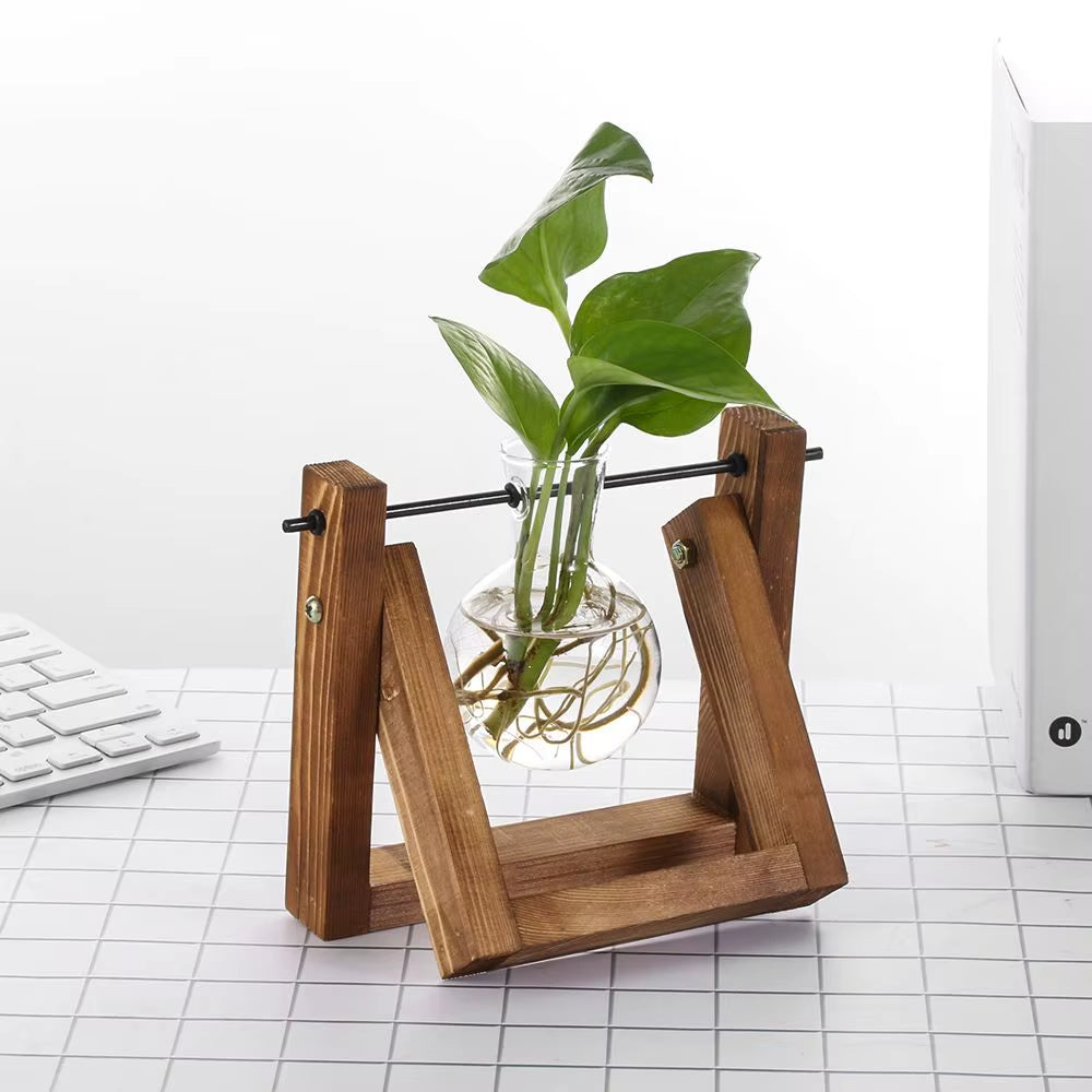 Decoration Terrarium Tabletop Planter Flower Pot Wooden Frame Hydroponic Plant Vases Glass Vase