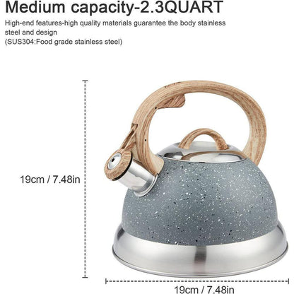 9 Cups Opaque Gray with Speckle Stainless Steel Whistling Tea Kettle Teapot with Ergonomic Wood Rubber Touching Handle