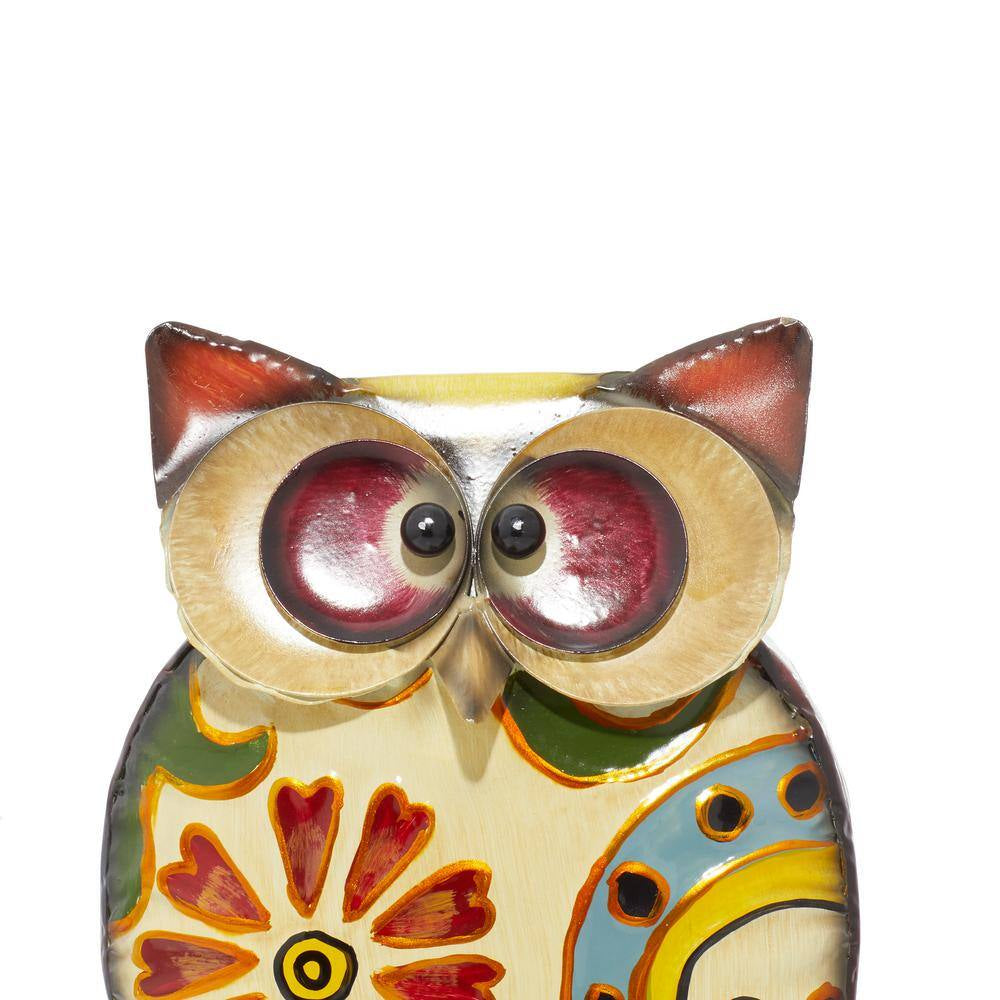 11 In. Metal Indoor Outdoor Owl Garden Sculpture with Floral Pattern