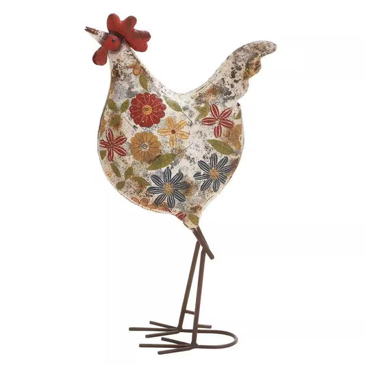 17 In. Metal Indoor Outdoor Distressed Standing Rooster Garden Sculpture with U Shaped Feet