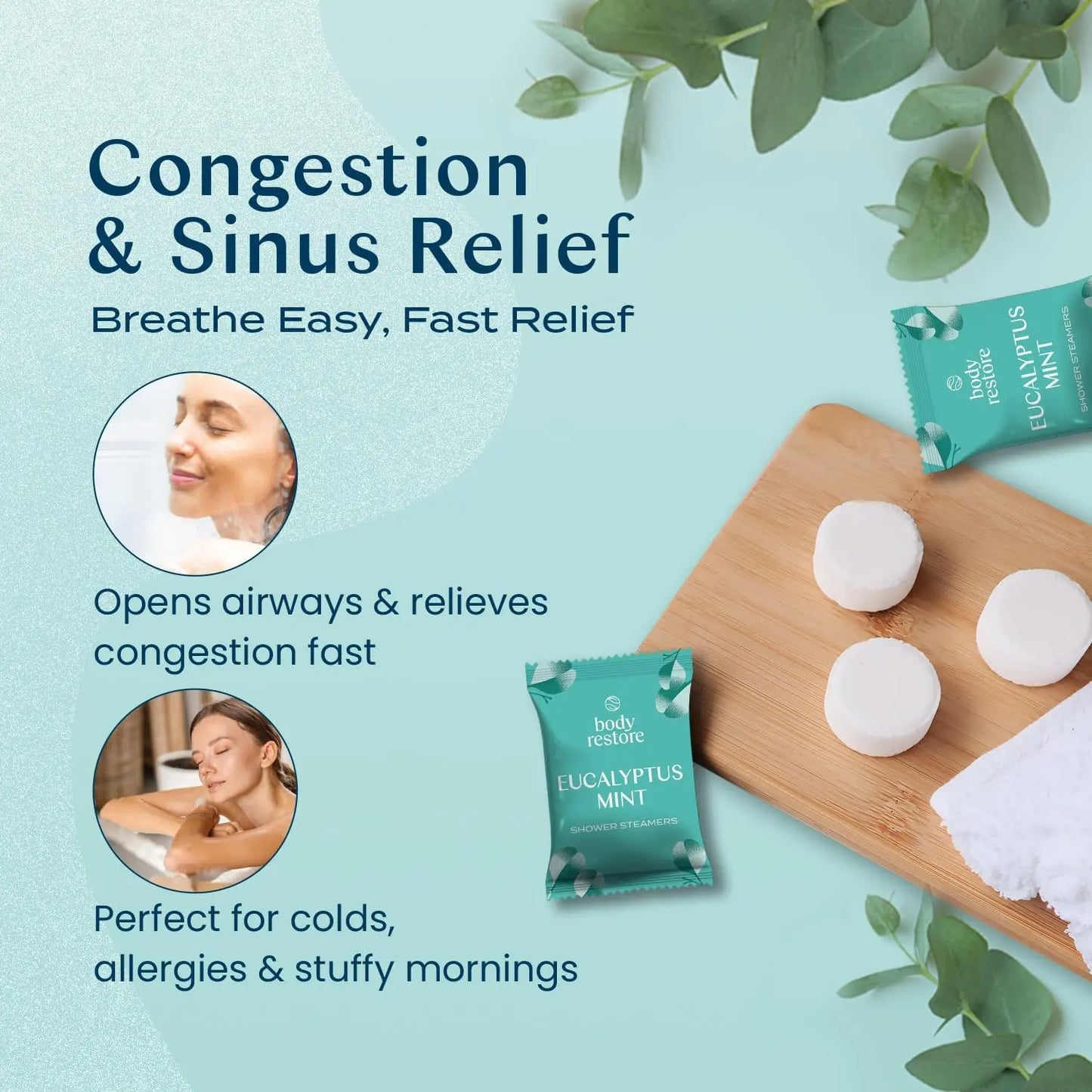Body Restore Relief Shower Steamers - 15 Tablets Eucalyptus & Mint Blend for Nasal Congestion Relief Made in USA 375G Gift Friend