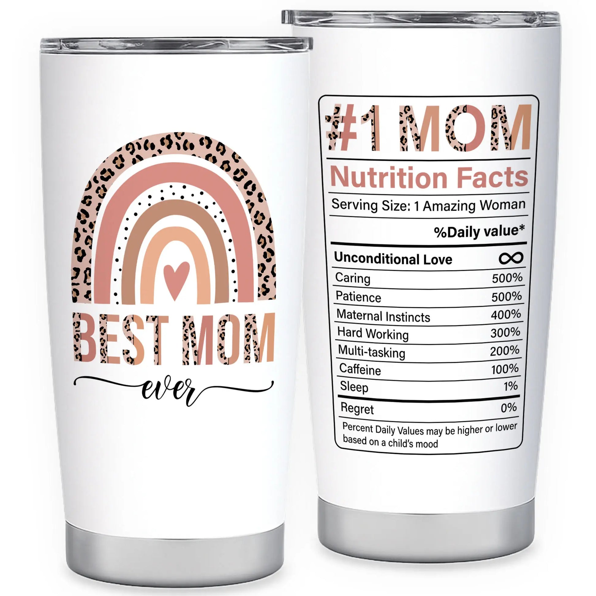 MAKEAGIFT Best Mom Ever 20 Oz Tumbler - #1 Mom Nutrition Facts Insulated Tumblers - Mothers Day, Birthday Gifts for Mom from Daughter, Son, Kids