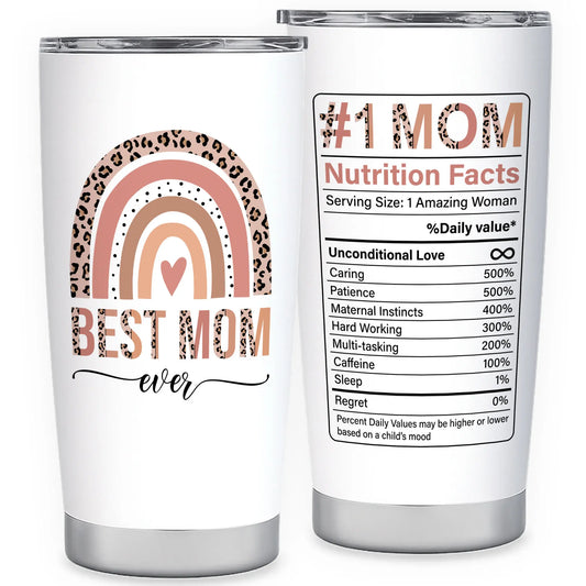 MAKEAGIFT Best Mom Ever 20 Oz Tumbler - #1 Mom Nutrition Facts Insulated Tumblers - Mothers Day, Birthday Gifts for Mom from Daughter, Son, Kids
