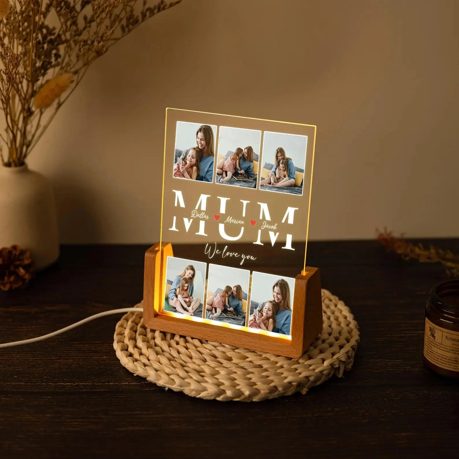 Personalized Photo Night Light, Mother'S Day Gift, Mother Gifts, Birthday Gift for Mommy, Custom Mother'S Day Gift for Mom Wife Grandma Nana, Mum Gift from Daughter, Custom Mother’S Day Night Light with Warm Walnut Wood Base, Bedroom Decor